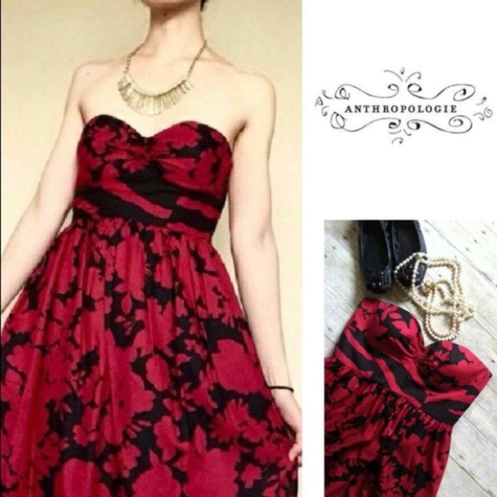 Anthropologie Tibi Sweetheart Red Ink Floral Silk Strapless Midi Dress NWT